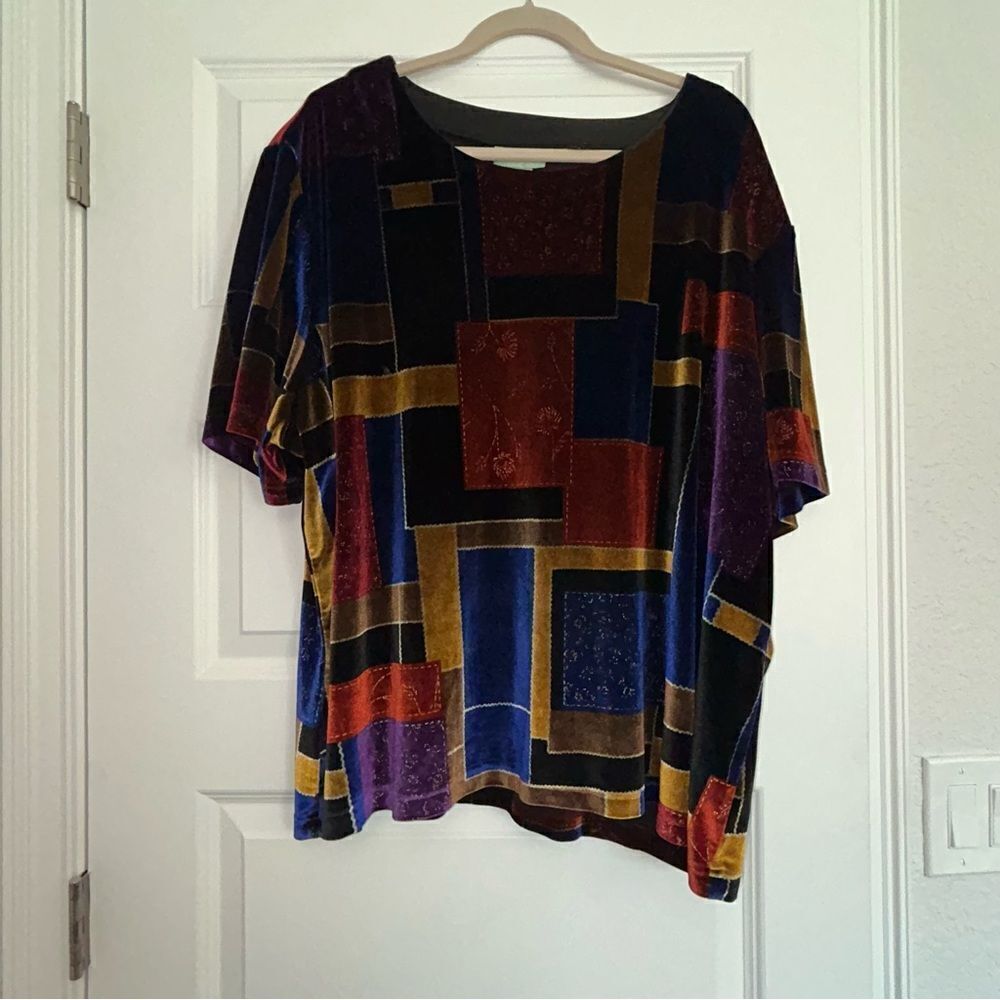 Vintage 220 Hickory Colorblock Patchwork Short Sleeve Velour Shirt Top